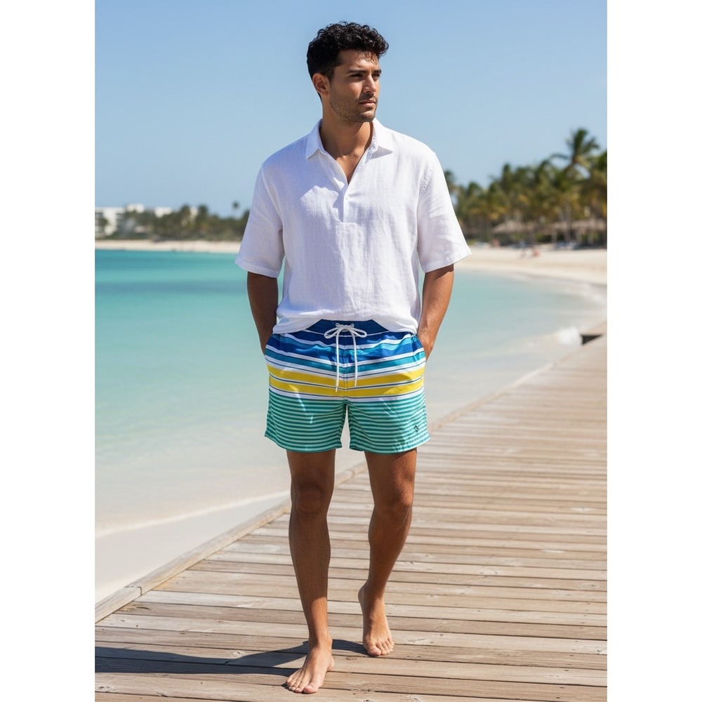 Retro Original Penguin Striped Swim Trunks Board Shorts Blue Yellow Green 32